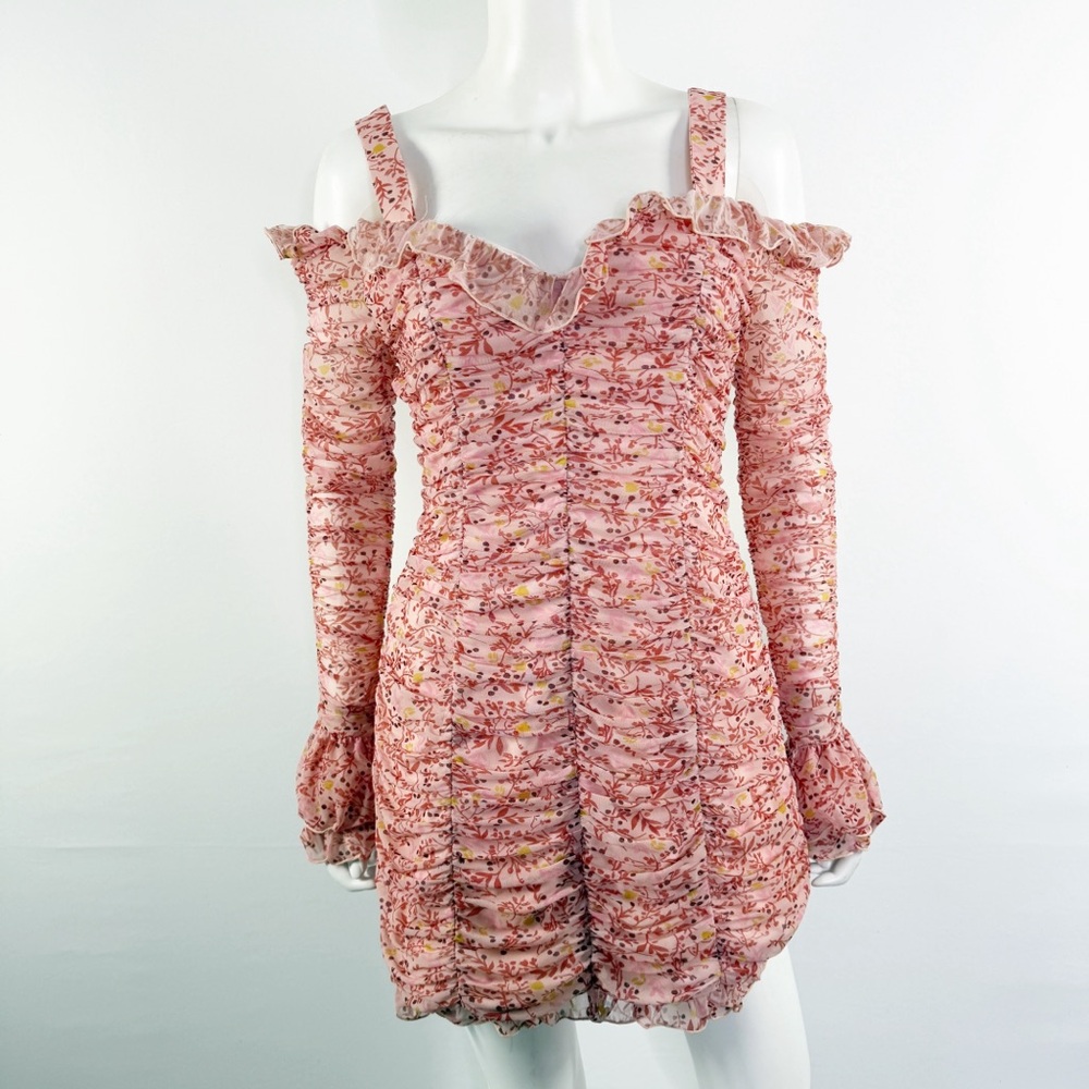 Finders Faded Long Sleeve Mini Dress Size L Pink Floral Ruched Ruffles NEW